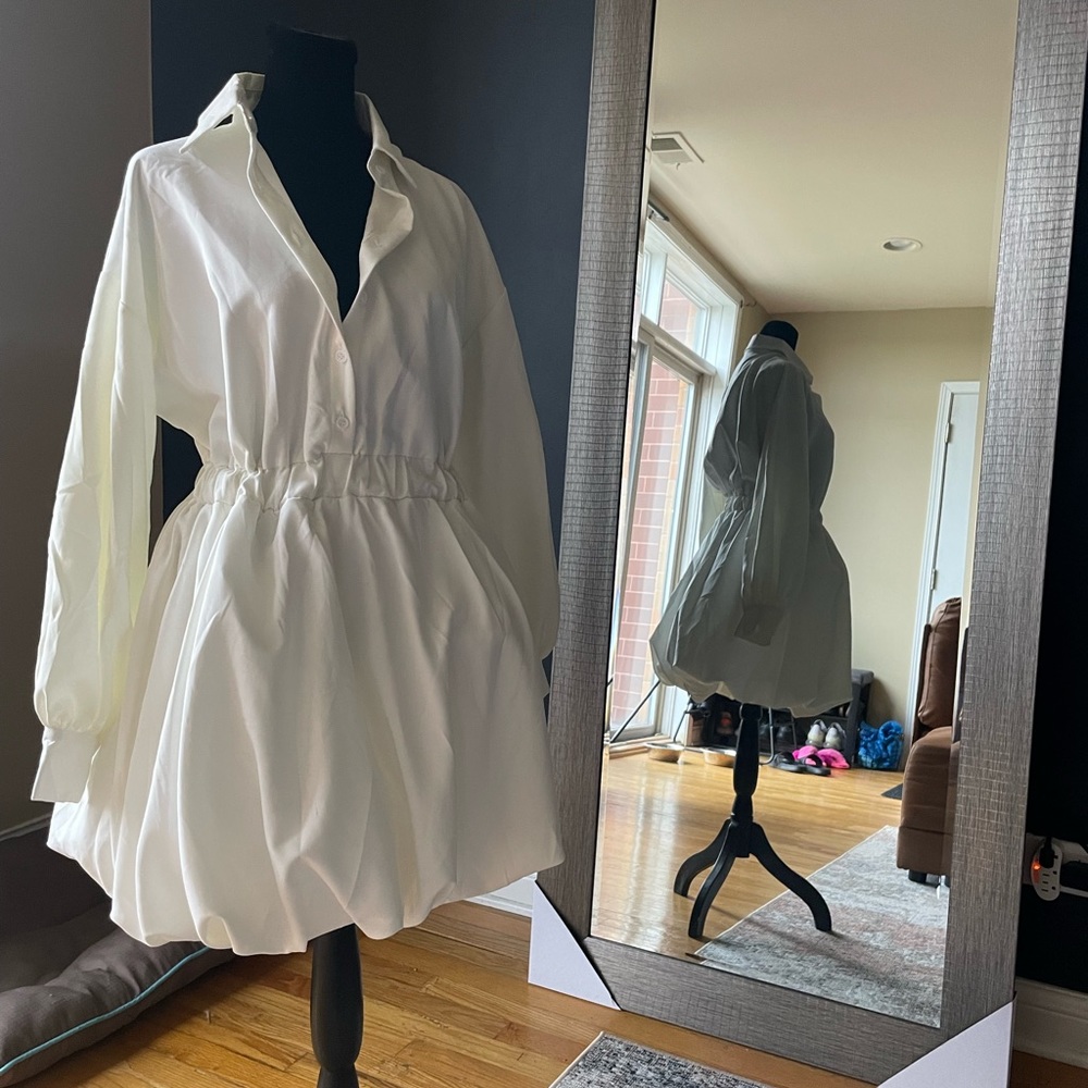 Puffball Hem Button Up White Dress